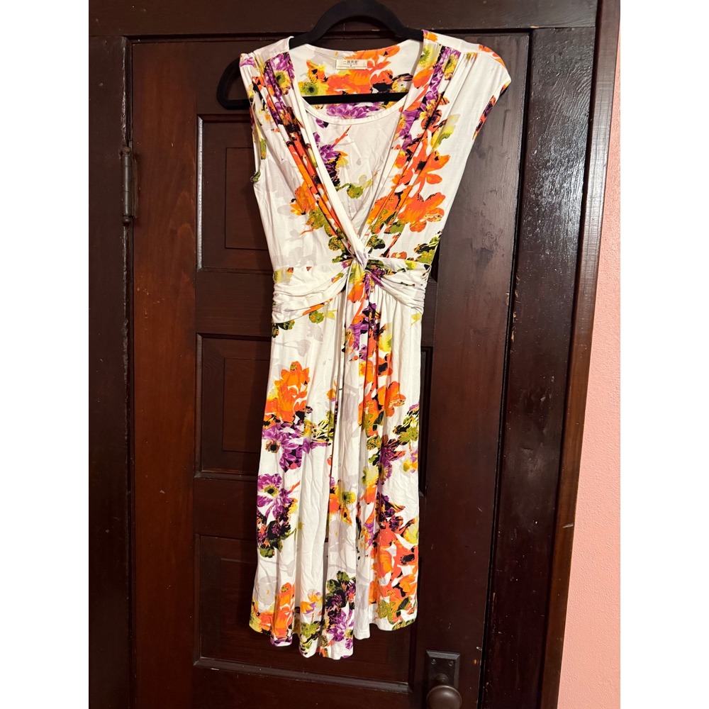 Bearsland Floral Dress Medium White Orange Purple V-Neck Knot Maternity Nursing